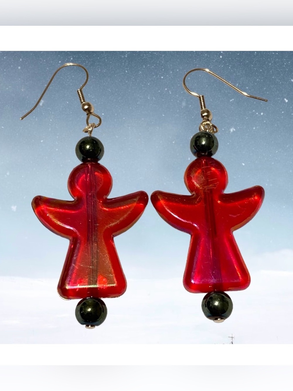 Hand Crafted Earrings Iridescent Red Angels Green Beads Dangle Long Pierced